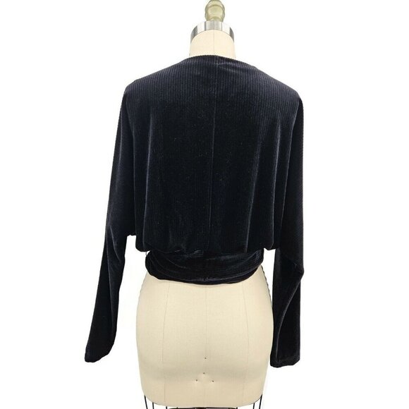 NWOT Good American Velvet Blouse Womens 0/Sm Black V Neck Front Tie Long Sleeves - Picture 5 of 9